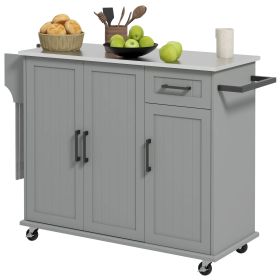 HOMCOM Moveable Kitchen Island with Storages, Movable Kitchen Cart w/ 3 Cabinets & Stainless Steel Countertop, Elegant Storage Trolley for Dining